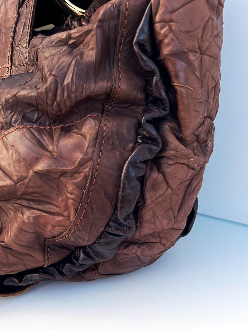 Authentic DOLCE & GABBANA Mainline Brown Crinkled Leather Braided Hobo Bag Y2K - Picture 6 of 13